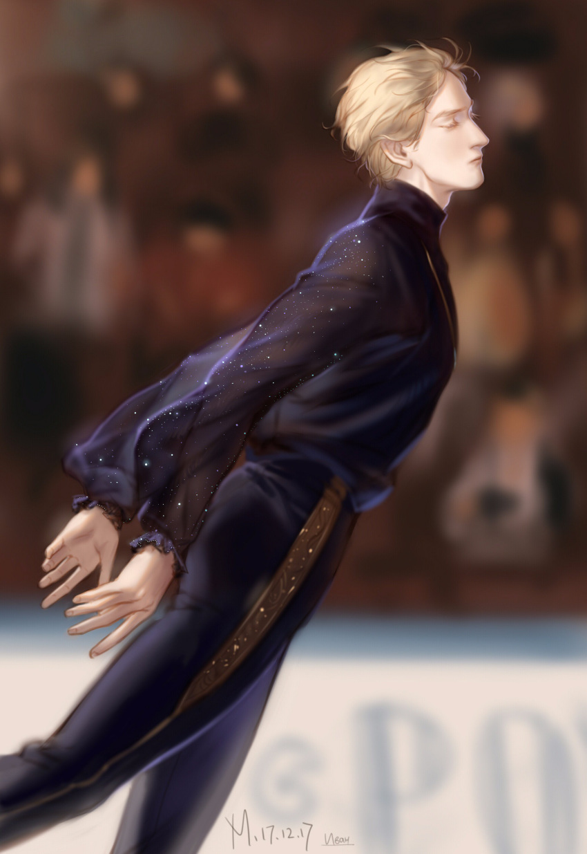 absurdres axis_powers_hetalia black_pants black_shirt blonde_hair blurry blurry_background closed_eyes closed_mouth cosplay eyelashes feet_out_of_frame floating_hair frilled_sleeves frills from_side highres ice_skating leaning_forward long_sleeves male_focus merasgar pants profile russia_(hetalia) see-through_sleeves shirt skating solo sparkle turtleneck