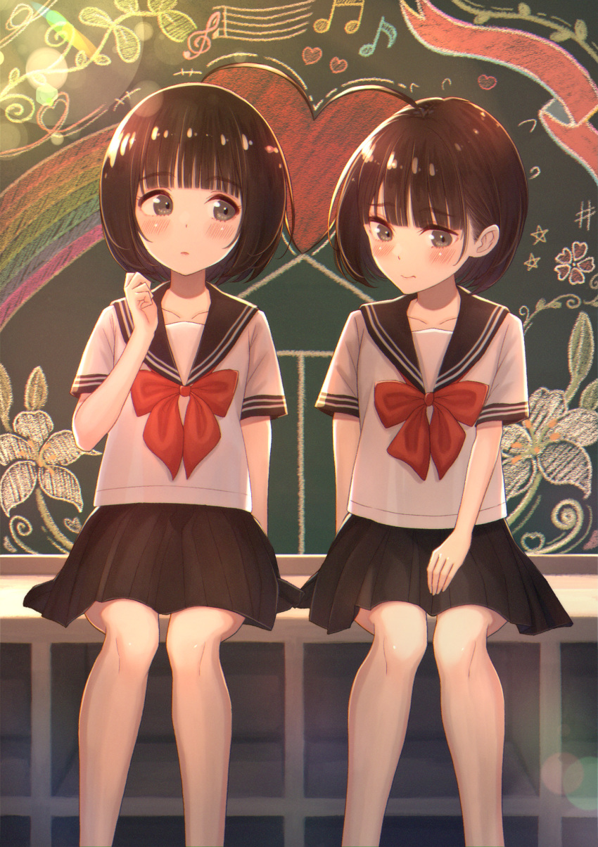 2girls ai_ai_gasa bangs black_hair black_skirt blush bob_cut closed_mouth collarbone commentary_request eyebrows_visible_through_hair hand_up heart highres knees looking_at_another looking_away looking_to_the_side multiple_girls original pleated_skirt sailor_collar shirt short_hair short_sleeves sitting skirt tanbonota46 white_shirt yuri