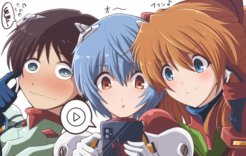 1boy 2girls ayanami_rei blue_eyes blue_hair blush bodysuit brown_eyes brown_hair cellphone commentary_request earphones eyebrows_visible_through_hair fujitaka_nasu green_eyes ikari_shinji multiple_girls neon_genesis_evangelion open_mouth orange_hair phone plugsuit red_bodysuit red_eyes revision shared_earphones smartphone souryuu_asuka_langley spoken_squiggle squiggle wavy_mouth white_background white_bodysuit