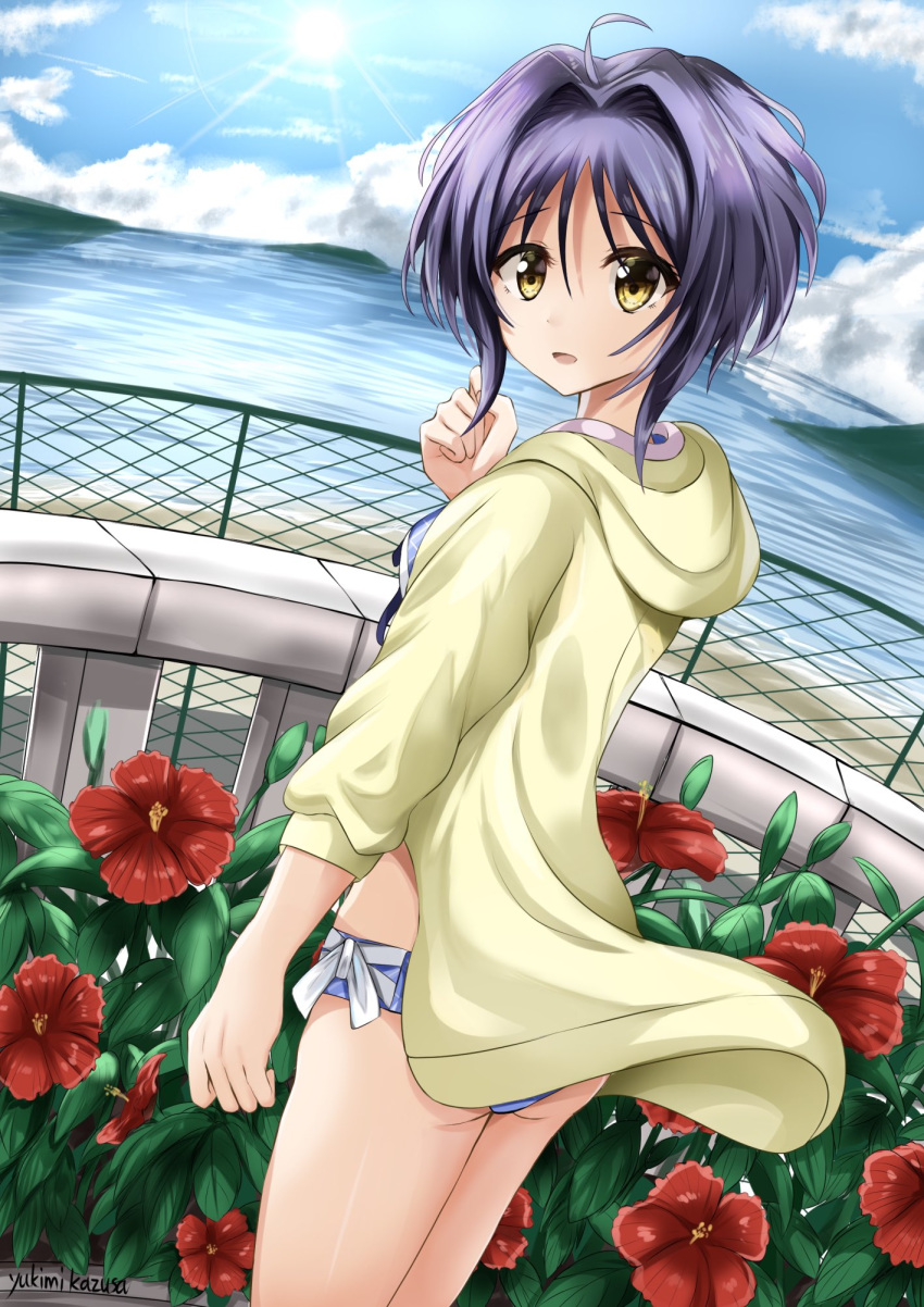 1girl 22/7 bikini clouds day fence flower hair_intakes highres hood hooded_jacket jacket looking_at_viewer looking_back outdoors purple_hair railing short_hair solo standing sun swimsuit swimsuit_under_clothes takigawa_miu water yellow_jacket yukimi_kazusa