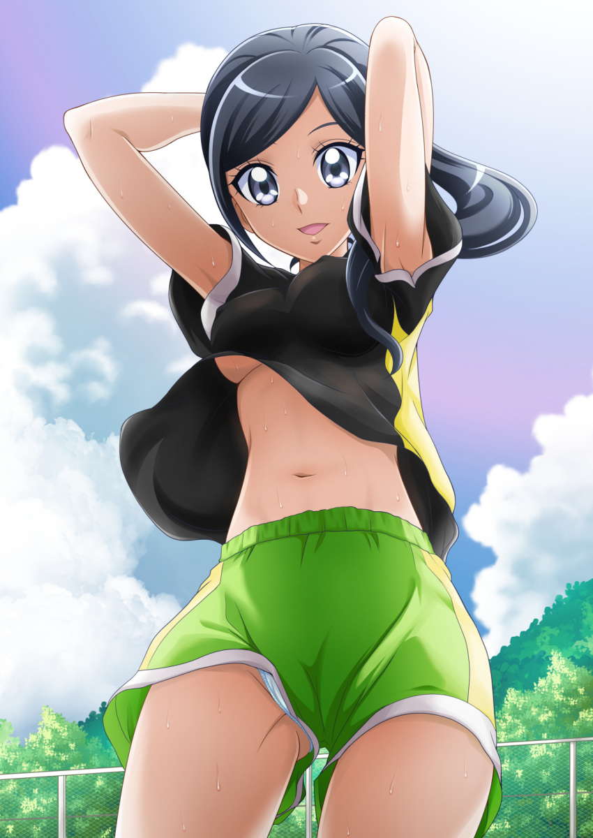 1girl :d arms_up ass_visible_through_thighs bangs black_hair black_shirt breasts clouds cowboy_shot day floating_hair from_below green_shorts grey_eyes hair_over_shoulder hanzou healin'_good_precure highres long_hair looking_at_viewer looking_down navel open_mouth outdoors panties panty_peek ponytail precure sawaizumi_chiyu shiny shiny_hair shirt short_shorts short_sleeves shorts smile solo standing stomach swept_bangs under_boob underwear