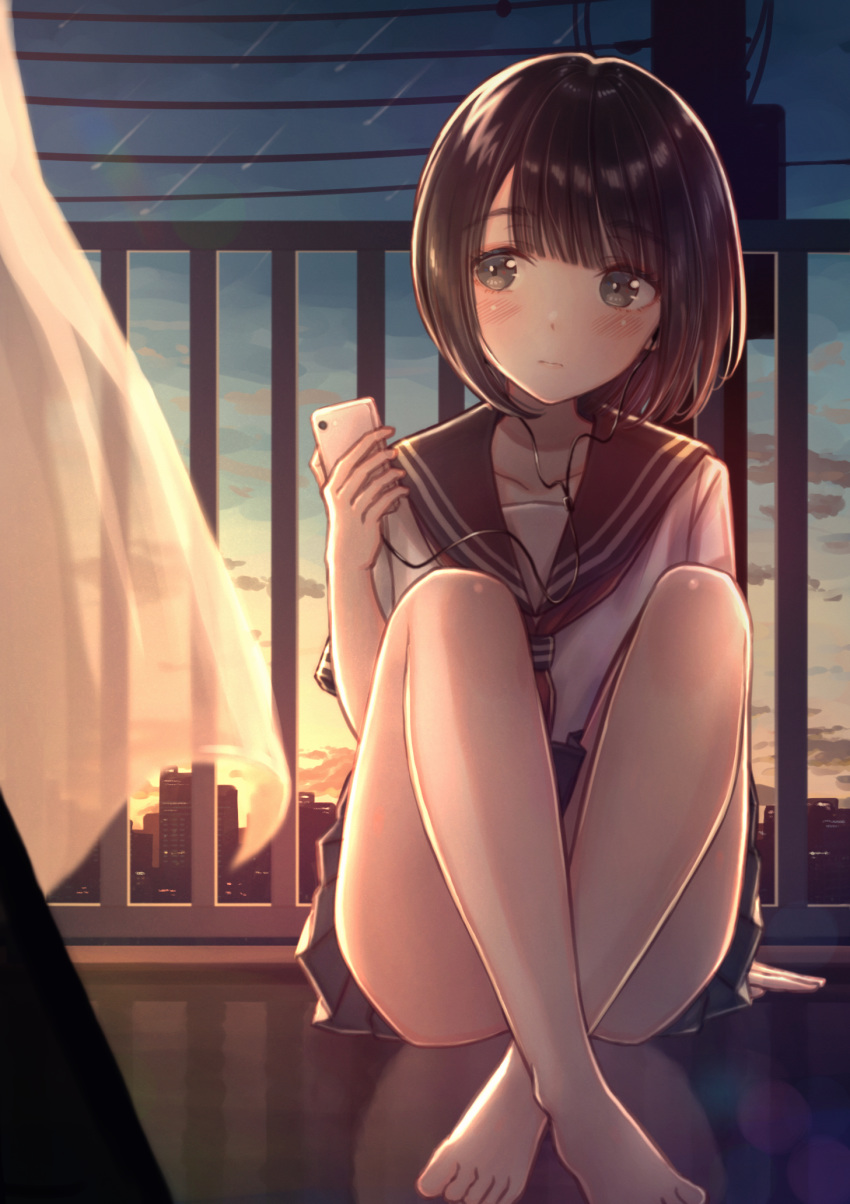 1girl bangs barefoot black_hair blush bob_cut cellphone closed_mouth collarbone commentary_request crossed_legs curtains fence grey_eyes highres holding holding_phone listening_to_music looking_to_the_side original outdoors phone pleated_skirt sailor_collar shiny shiny_hair shirt shooting_star short_hair short_sleeves skirt solo tanbonota46 toes twilight white_shirt