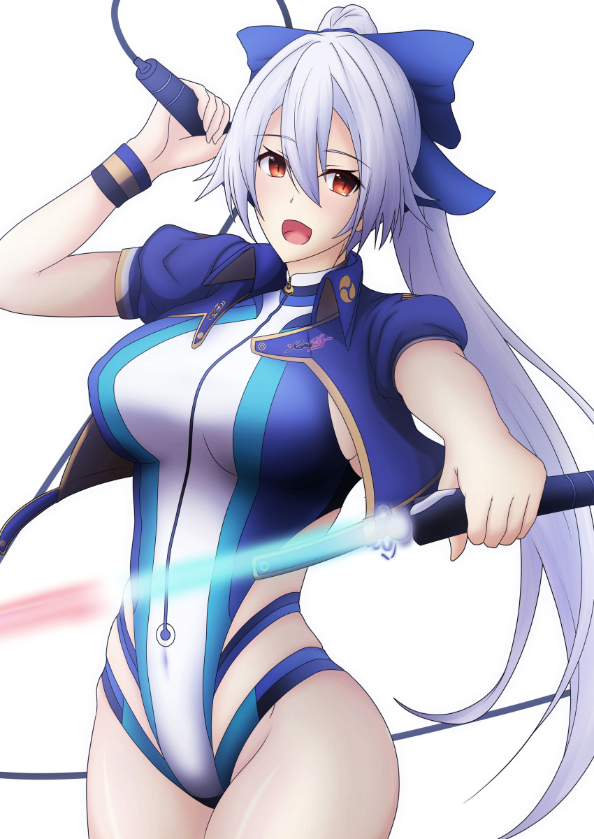 1girl absurdres aoi_tabane blue_bow blue_jacket blue_swimsuit bow breasts commentary_request competition_swimsuit cropped_jacket dual_wielding energy_sword fate/grand_order fate_(series) hair_bow highleg highleg_swimsuit highres holding holding_sword holding_weapon jacket large_breasts long_hair mitsudomoe_(shape) multicolored multicolored_clothes multicolored_swimsuit one-piece_swimsuit ponytail red_eyes short_sleeves silver_hair slit_pupils solo swimsuit sword tomoe_(symbol) tomoe_gozen_(fate/grand_order) tomoe_gozen_(swimsuit_saber)_(fate) very_long_hair weapon white_background white_swimsuit
