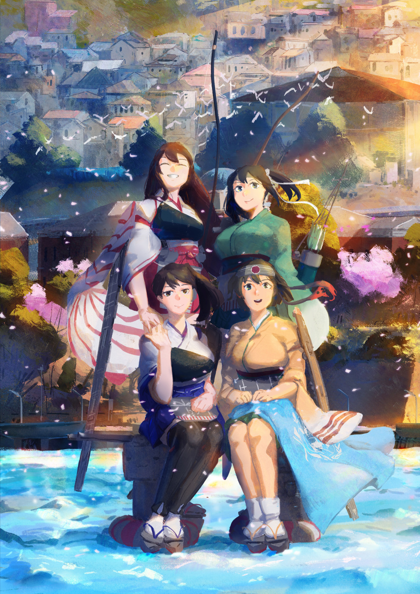 4girls :d absurdres akagi_(kantai_collection) archery arrow_(projectile) black_legwear blue_hair bow_(weapon) breasts brown_eyes brown_hair closed_eyes english_commentary flight_deck full_body geta hachimaki hair_ribbon headband highres hiryuu_(kantai_collection) kaga_(kantai_collection) kantai_collection kyuudou large_breasts long_hair looking_at_viewer multiple_girls muneate one_side_up open_mouth quiver remodel_(kantai_collection) ribbon ribbon-trimmed_sleeves ribbon_trim short_hair side_ponytail smile socks souryuu_(kantai_collection) straight_hair tasuki thigh-highs twintails weapon white_legwear white_ribbon wide_sleeves ye_fan