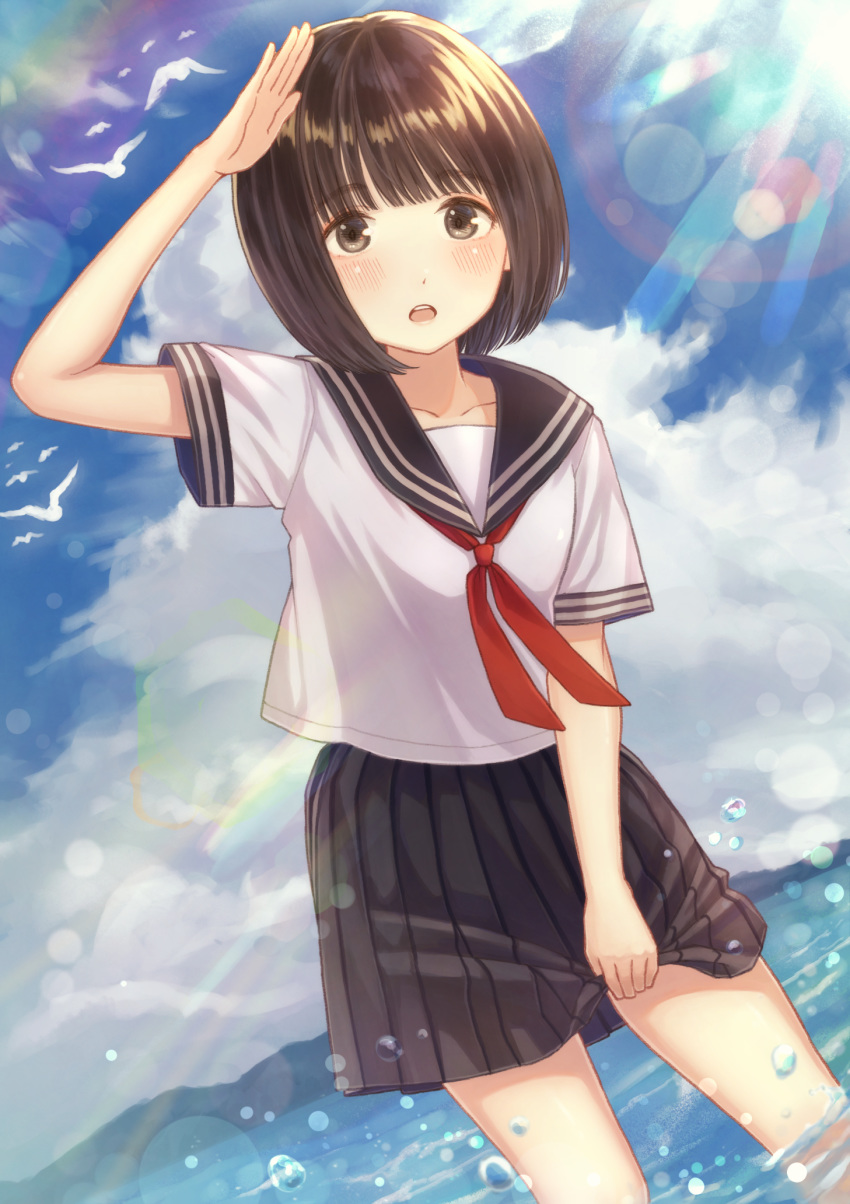 1girl arm_up bangs bird black_hair black_skirt blush clouds commentary_request day eyebrows_visible_through_hair grey_eyes highres lens_flare open_mouth original outdoors pleated_skirt sailor_collar shirt short_hair short_sleeves skirt sky solo tanbonota46 tongue upper_teeth wading water water_drop white_shirt