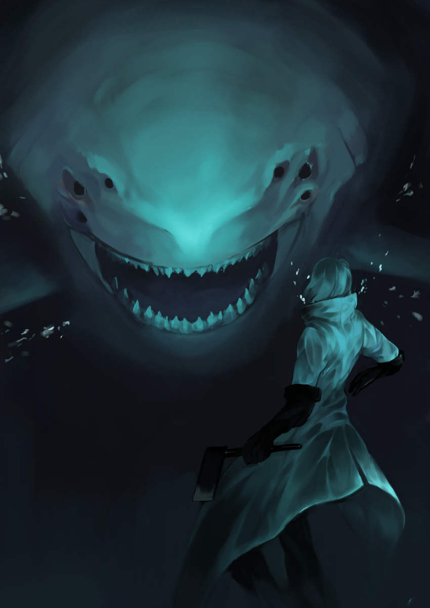 1boy absurdres axe black_gloves bubble coat elbow_gloves extra_eyes fish gloves goblina grey_hair highres holding holding_axe holding_weapon monster_girl open_mouth original shark sharp_teeth teeth underwater water weapon white_coat