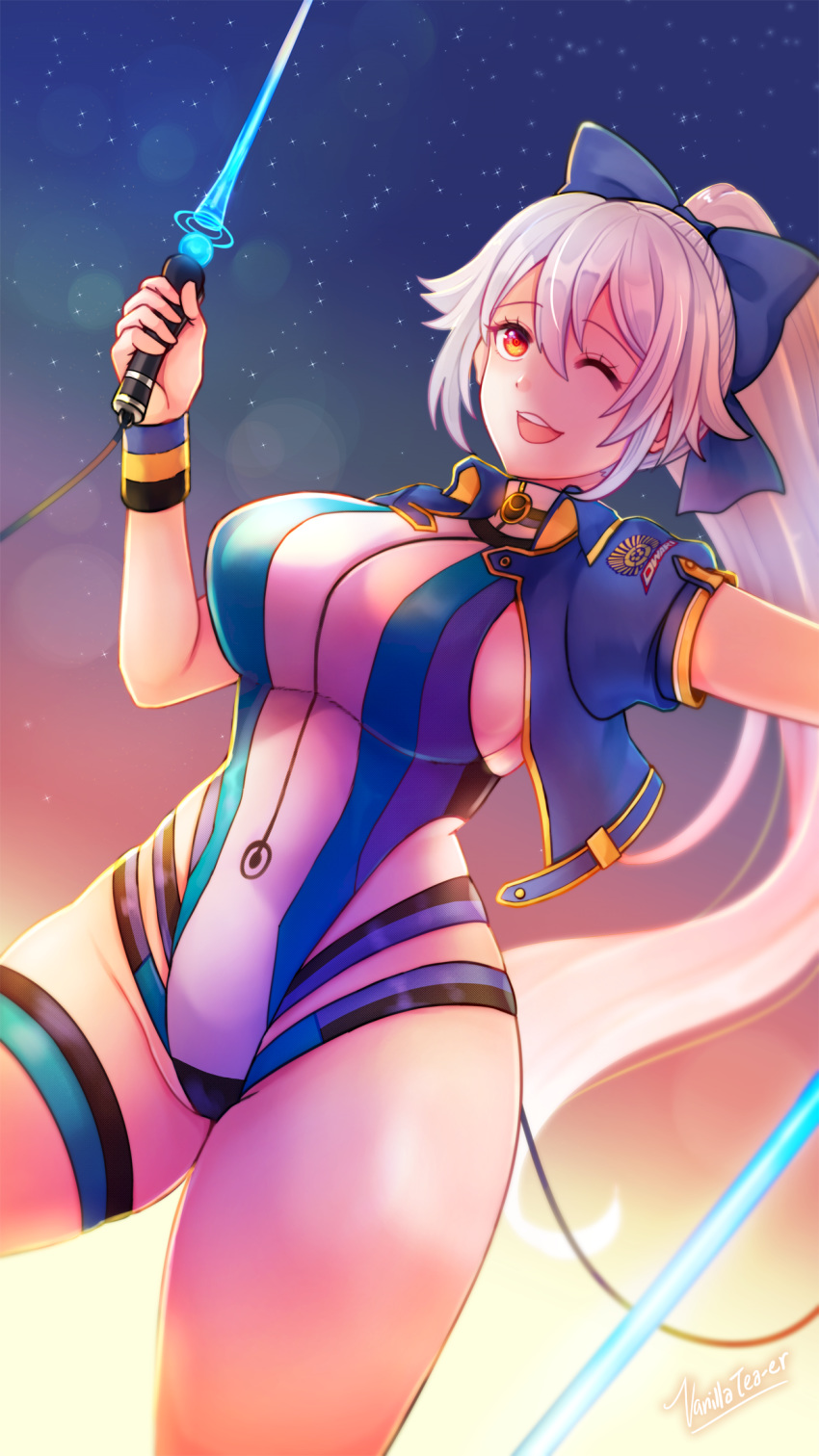 1girl :d blue_bow blue_swimsuit bow breasts competition_swimsuit cropped_jacket dutch_angle energy_sword fate/grand_order fate_(series) hair_between_eyes hair_bow highleg highleg_swimsuit highres holding holding_sword holding_weapon huge_breasts jacket long_hair multicolored multicolored_clothes multicolored_swimsuit night night_sky one-piece_swimsuit one_eye_closed open_clothes open_jacket open_mouth orange_eyes ponytail short_sleeves silver_hair sky smile solo swimsuit sword thigh_strap tomoe_gozen_(fate/grand_order) tomoe_gozen_(swimsuit_saber)_(fate) vannila_tea-er very_long_hair weapon white_swimsuit