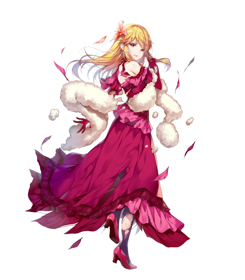 1girl bangs bare_shoulders black_legwear blonde_hair brown_hair dress feather_boa fire_emblem fire_emblem:_genealogy_of_the_holy_war fire_emblem_heroes flower frilled_dress frills full_body gloves hair_flower hair_ornament highres lachesis_(fire_emblem) long_dress long_hair miwabe_sakura official_art red_dress red_footwear shiny shiny_hair transparent_background