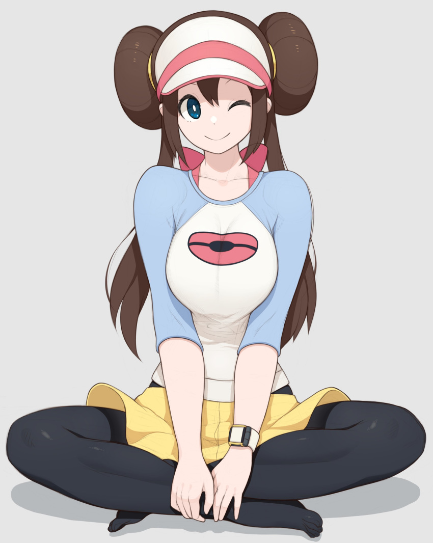 1girl ;) absurdres black_legwear blue_eyes blush bow breasts brown_hair double_bun feet hair_bun highres large_breasts legwear_under_shorts low_twintails mogtate no_shoes one_eye_closed pantyhose pink_bow pokemon pokemon_(game) pokemon_bw2 rosa_(pokemon) shirt shorts smile solo twintails visor_cap watch yellow_shorts