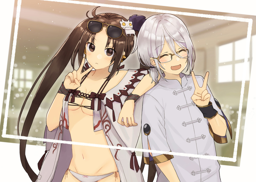 1boy 1girl :&lt; :d aisawa_natsu arm_on_shoulder bikini blush breasts brown_eyes brown_hair cape chinese_clothes closed_eyes commentary_request consort_yu_(fate) earrings eyebrows eyewear_on_head fate/grand_order fate_(series) gao_changgong_(fate) glasses jewelry long_hair multiple_earrings open_mouth photo_(object) shirt small_breasts smile sunglasses swimsuit under_boob v very_long_hair white_bikini white_cape white_shirt wrist_straps wristband yu_miaoyi_(swimsuit_lancer)