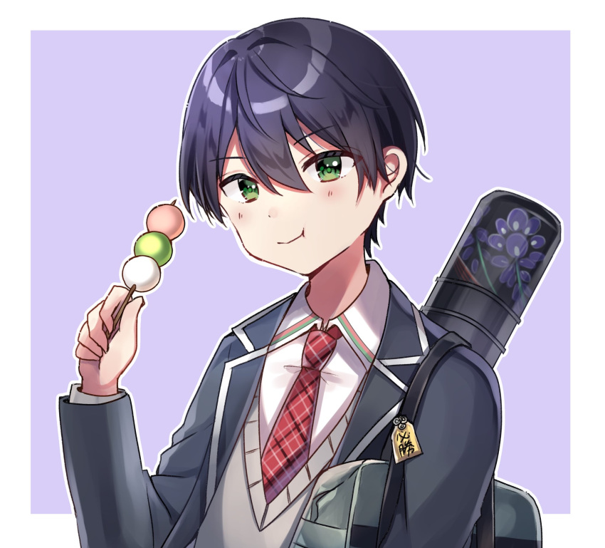 1boy :t bag bangs black_jacket blazer closed_mouth collared_shirt dango eating eyebrows_visible_through_hair floral_print food green_eyes hair_between_eyes hand_up highres holding holding_food jacket kenmochi_touya long_sleeves looking_at_viewer male_focus minami_saki necktie nijisanji open_blazer open_clothes open_jacket outline plaid_neckwear purple_background purple_hair red_neckwear sanshoku_dango school_bag school_uniform shirt solo sweater_vest two-tone_background upper_body virtual_youtuber wagashi white_background white_outline white_shirt