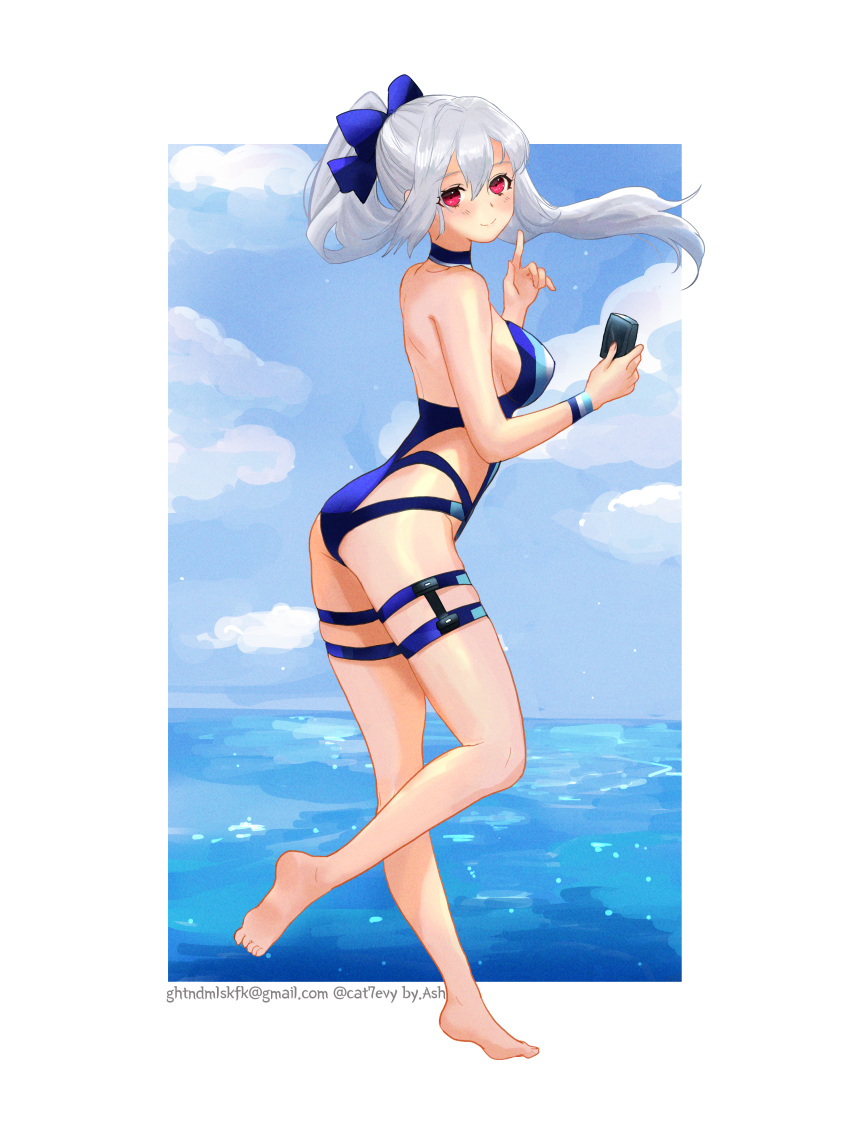 1girl absurdres artist_name ash_(cat7evy) barefoot blue_bow blue_sky blue_swimsuit blush border bow breasts cellphone clouds competition_swimsuit day email_address fate/grand_order fate_(series) hair_between_eyes hair_bow highleg highleg_swimsuit highres holding holding_phone large_breasts long_hair looking_at_viewer ocean one-piece_swimsuit phone pink_eyes ponytail sideboob silver_hair sky smile solo swimsuit thigh_strap tomoe_gozen_(fate/grand_order) tomoe_gozen_(swimsuit_saber)_(fate) twitter_username very_long_hair white_border wristband