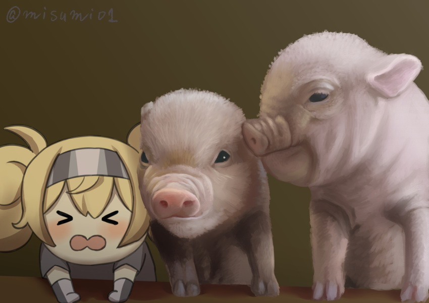 &gt;_&lt; 1girl animal bangs blonde_hair blush brown_background commentary_request gambier_bay_(kantai_collection) gloves hairband kantai_collection long_hair misumi_(niku-kyu) open_mouth partial_commentary pig piglet pun realistic short_sleeves simple_background twintails twitter_username