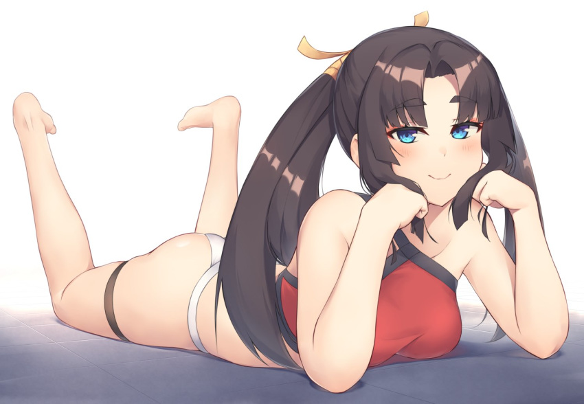 1girl bangs bikini black_hair blue_eyes blush breasts fate/grand_order fate_(series) legs_up long_hair looking_at_viewer lying medium_breasts on_stomach p!nta parted_bangs red_bikini sidelocks smile swimsuit thick_eyebrows ushiwakamaru_(fate/grand_order) ushiwakamaru_(swimsuit_assassin)_(fate) white_bikini