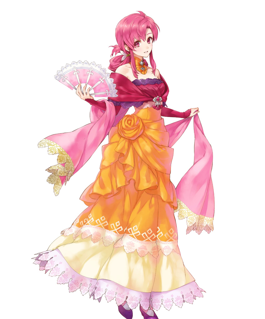 bangs bare_shoulders detached_collar dress ethlyn_(fire_emblem) fire_emblem fire_emblem:_genealogy_of_the_holy_war fire_emblem_heroes full_body highres kaya8 long_dress long_hair official_art pink_eyes pink_hair purple_footwear shiny shiny_hair sidelocks solo strapless strapless_dress tied_hair transparent_background white_legwear