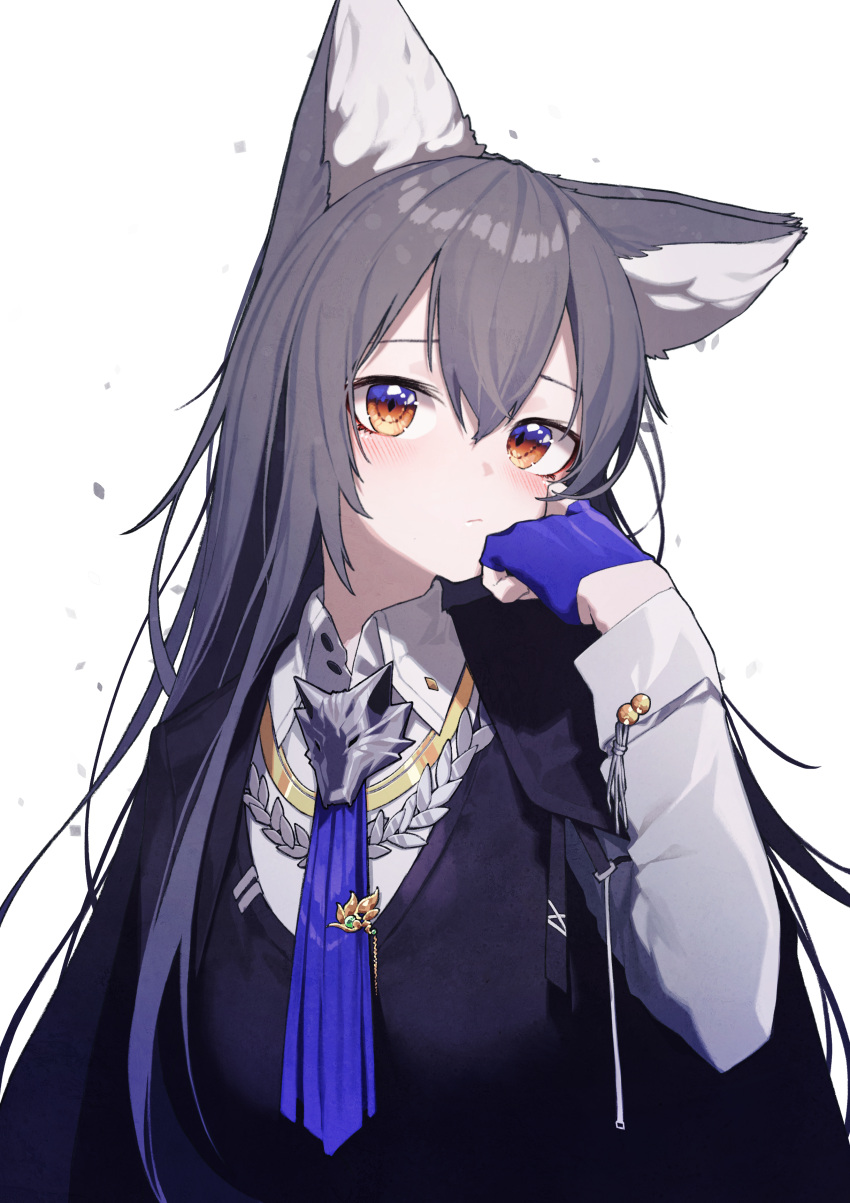 1girl absurdres animal_ear_fluff animal_ears arknights beudelb black_hair black_vest blue_gloves blue_necktie blush closed_mouth collared_shirt fingerless_gloves gloves highres long_hair long_sleeves looking_at_viewer necktie orange_eyes shirt simple_background solo texas_(arknights) texas_the_omertosa_(arknights) upper_body very_long_hair vest white_background white_shirt wolf_ears