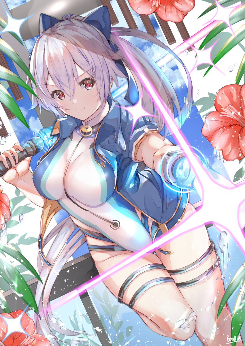 1girl absurdres alpha_beta bangs blue_bow blue_jacket blue_swimsuit bow breasts dual_wielding energy_sword fate/grand_order fate_(series) hair_between_eyes hair_bow highleg highleg_swimsuit highres holding jacket large_breasts long_hair looking_at_viewer one-piece_swimsuit ponytail red_eyes short_sleeves silver_hair smile swimsuit sword thighs tomoe_gozen_(fate/grand_order) tomoe_gozen_(swimsuit_saber)_(fate) two-tone_swimsuit weapon white_swimsuit