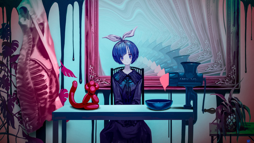 1girl :o absurdres afternooners balloon balloon_animal blue_hair bow bowl dress dripping expressionless food hair_bow hairband highres indoors looking_at_viewer meat meatgrinder mirror original paint painting pale_skin plant potted_plant purple_dress signature sitting solo table violet_eyes