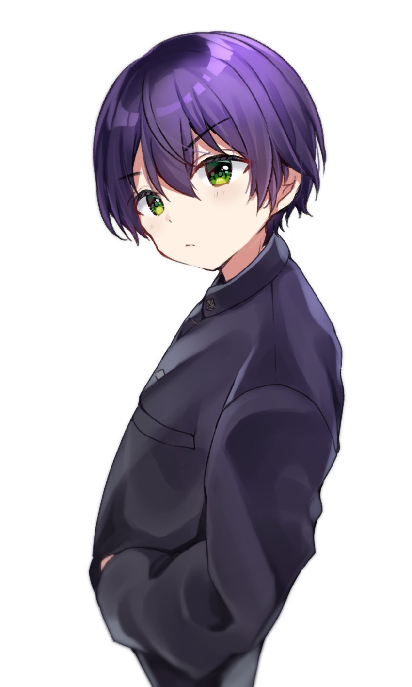 1boy bangs black_jacket blush closed_mouth eyebrows_visible_through_hair gakuran green_eyes hair_between_eyes highres jacket kenmochi_touya looking_at_viewer looking_to_the_side male_focus minami_saki nijisanji purple_hair school_uniform simple_background solo v-shaped_eyebrows virtual_youtuber white_background