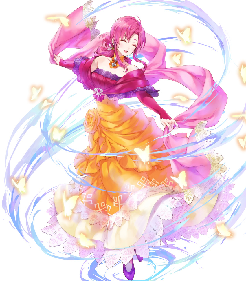 1girl bangs bare_shoulders detached_collar dress ethlyn_(fire_emblem) fire_emblem fire_emblem:_genealogy_of_the_holy_war fire_emblem_heroes full_body highres kaya8 long_dress long_hair official_art pink_hair purple_footwear shiny shiny_hair sidelocks solo strapless strapless_dress tied_hair transparent_background white_legwear