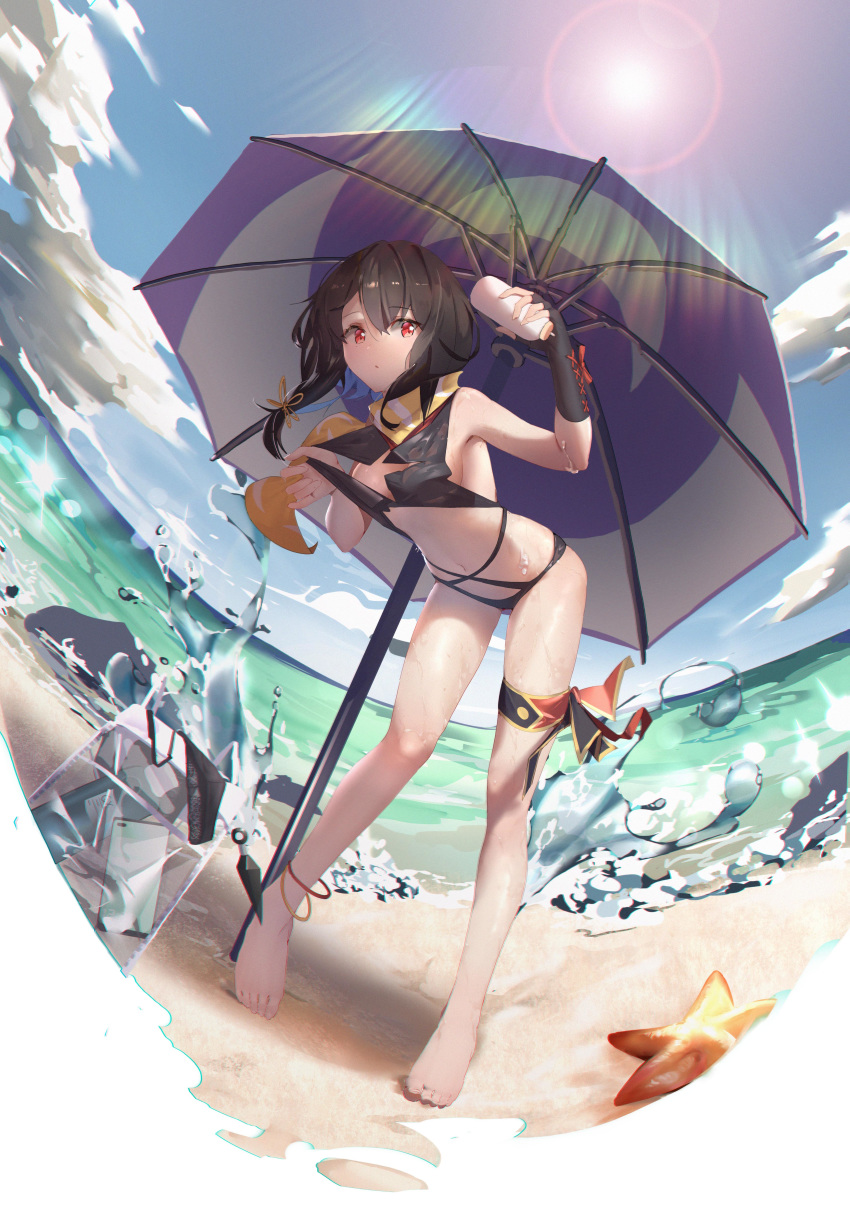 1girl absurdres anklet arm_up armpits bare_shoulders barefoot beach beach_umbrella bikini black_bikini black_hair breasts day fisheye full_body highres holding jewelry konki_gakuin leaning_forward lens_flare long_legs looking_at_viewer nabi_(ybbvgvgvg) navel official_art outdoors red_eyes short_hair small_breasts solo standing starfish sun sunlight swimsuit thighs umbrella water