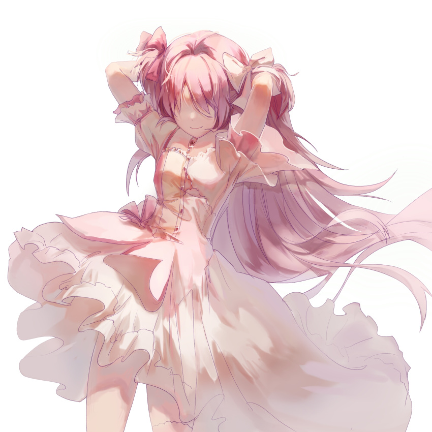 1girl arms_behind_back arms_up asymmetrical_clothes asymmetrical_hair backlighting breasts buttons closed_mouth cowboy_shot dot_nose dress facing_viewer floating_hair frilled_skirt frilled_sleeves frills glint goddess_madoka hair_ribbon happy highres kaname_madoka kikuko legs_apart long_dress long_hair mahou_shoujo_madoka_magica no_eyes pale_color pink_hair pink_ribbon pink_theme puffy_short_sleeves puffy_sleeves ribbon shaded_face short_sleeves simple_background single_thighhigh skirt small_breasts smile solo soul_gem thigh-highs thighs transformation two_side_up very_long_hair white_background white_dress white_legwear white_ribbon white_skirt white_theme wide_sleeves
