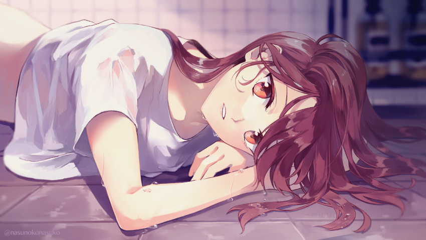 1girl blurry blurry_background commentary_request depth_of_field highres long_hair looking_at_viewer nasuko on_floor original parted_lips purple_hair see-through shirt short_sleeves smile solo tile_floor tiles upper_body violet_eyes water_drop wet wet_clothes wet_shirt white_shirt