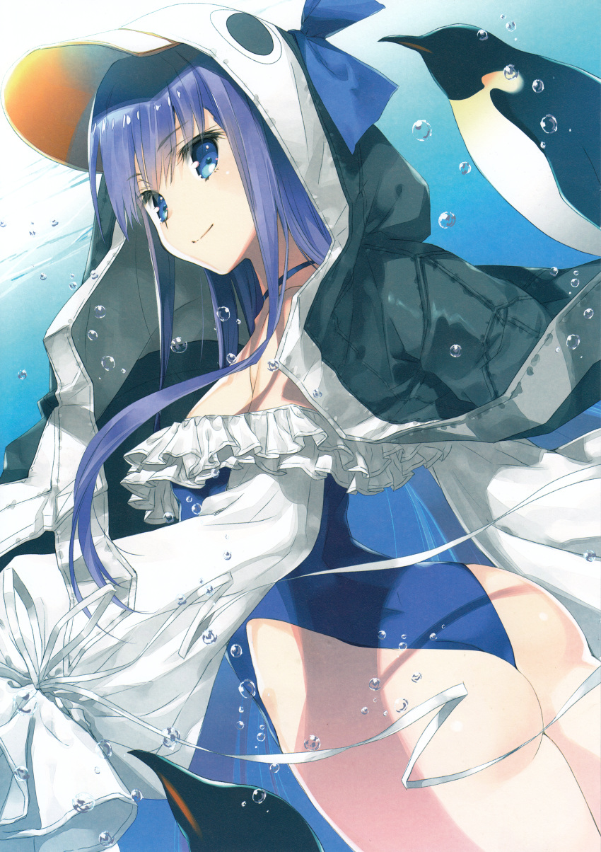 1girl absurdres air_bubble animal animal_hood ass bangs bird blue_eyes blue_hair blue_leotard breasts bubble choker closed_mouth fate/grand_order fate_(series) frills highres hood huge_filesize jacket leotard long_hair long_sleeves looking_at_viewer meltryllis meltryllis_(swimsuit_lancer)_(fate) mitsumi_misato no_panties open_clothes open_jacket penguin penguin_hood scan shiny shiny_hair small_breasts smile thighs underwater water