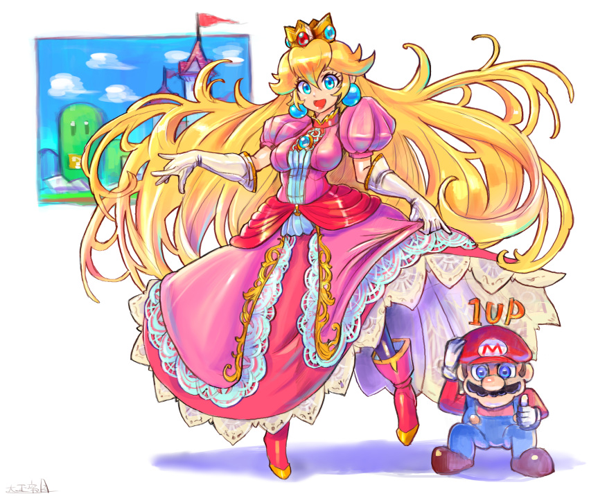 1boy 1girl \m/ adult blonde_hair blue_eyes brown_hair commentary crown dress floating_hair gloves hat highres long_dress long_hair looking_at_viewer mario nintendo nintendo_ead oomasa_teikoku open_mouth overalls pink_dress princess_peach squatting super_mario_bros. thumbs_up very_long_hair white_gloves