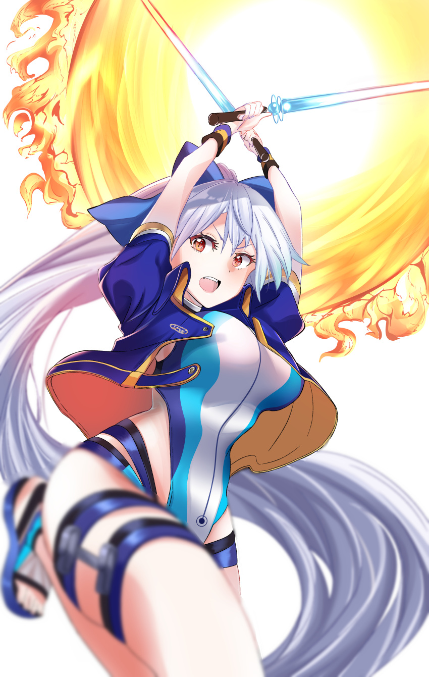 1girl :o absurdly_long_hair absurdres arima_(step_speed) blue_footwear blue_jacket blue_swimsuit commentary_request competition_swimsuit cropped_jacket dual_wielding energy_sword fate/grand_order fate_(series) fireball from_below hair_ornament highres holding holding_sword holding_weapon jacket long_hair looking_at_viewer multicolored multicolored_clothes multicolored_swimsuit one-piece_swimsuit open_clothes open_jacket red-eyes sandals short_sleeves silver_hair solo swimsuit sword thigh_strap tomoe_gozen_(fate/grand_order) tomoe_gozen_(swimsuit_saber)_(fate) very_long_hair weapon white_background white_swimsuit wristband