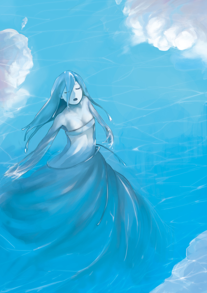 1girl absurdres bare_shoulders blue_hair closed_eyes clouds dress eyes_visible_through_hair fantasy goblina highres liquid_hair long_hair monster_girl open_mouth original pale_skin partially_submerged reflection see-through see-through_dress solo water