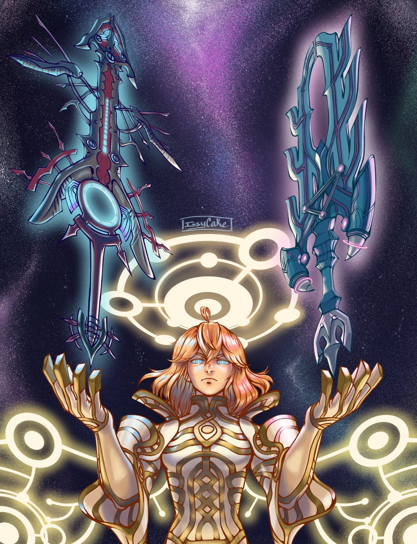 1boy absurdres ahoge blonde_hair blue_eyes energy_wings frown hair_between_eyes halo highres issycake male_focus medium_hair meyneth_monado monado night night_sky sky solo star_(sky) starry_sky sword upper_body weapon wings xenoblade_chronicles xenoblade_chronicles_(series) zanza's_monado zanza_(xenoblade)