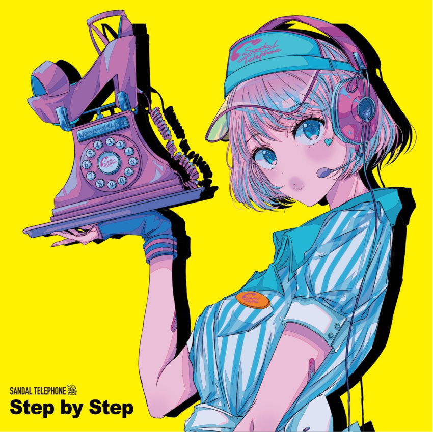 1girl album_cover blonde_hair blue_eyes cover fingerless_gloves gloves headphones headset highres looking_at_viewer najuco_(naju0517) official_art sandal_telephone shirt short_hair solo striped striped_shirt thick_lips visor_cap yellow_background