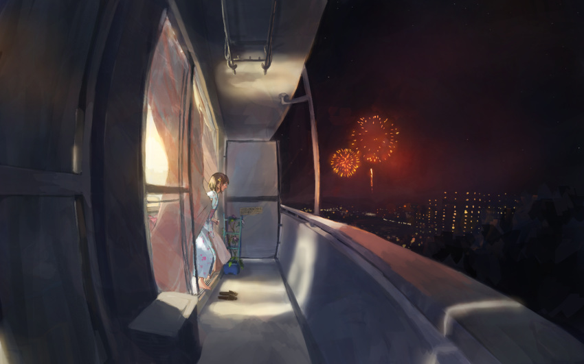 1girl aerial_fireworks balcony blue_kimono brown_hair door fireworks fisheye japanese_clothes kimono ohanami_n original outdoors scenery shoes_removed short_hair sliding_doors standing