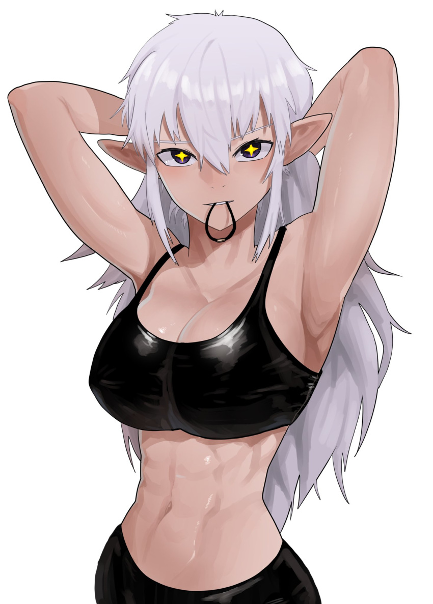 1girl abs breasts eungi hair_tie_in_mouth highres large_breasts long_hair looking_at_viewer midriff mouth_hold navel original pointy_ears solo sports_bra star-shaped_pupils star_(symbol) symbol-shaped_pupils tying_hair white_hair