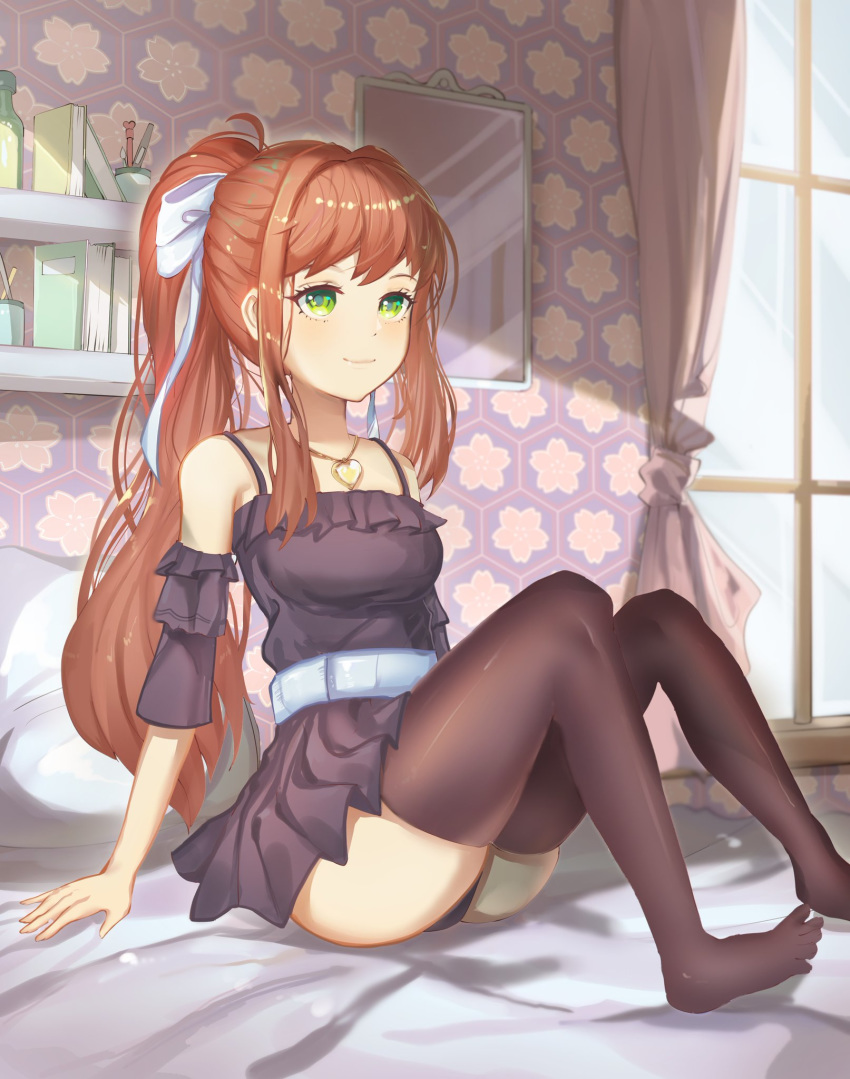 1girl bed bedroom black_dress black_legwear brown_hair doki_doki_literature_club dress feet gengri16 green_eyes highres image_sample jewelry long_hair monika_(doki_doki_literature_club) necklace no_shoes on_bed ponytail ribbon sitting solo solo_focus thigh-highs thighs tied_hair twitter_sample white_ribbon