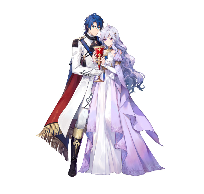 1boy 1girl absurdres azutarou bangs black_footwear blue_eyes blue_hair boots cape chalice closed_mouth commentary_request deirdre_(fire_emblem) dress fire_emblem fire_emblem:_genealogy_of_the_holy_war fire_emblem_heroes full_body gloves gradient gradient_clothes gradient_dress highres holding knee_boots lavender_hair long_dress long_hair long_sleeves looking_at_viewer official_art pants shiny shiny_hair short_hair sigurd_(fire_emblem) smile standing violet_eyes white_background white_dress white_gloves white_pants