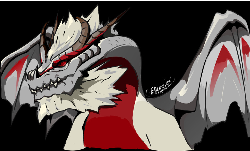 absurdres artist_name beard black_background dragon dragon_horns facial_hair fatalis highres horns looking_away looking_to_the_side monster_hunter no_humans portrait red_eyes self_upload sharp_teeth simple_background teeth western_dragon wings