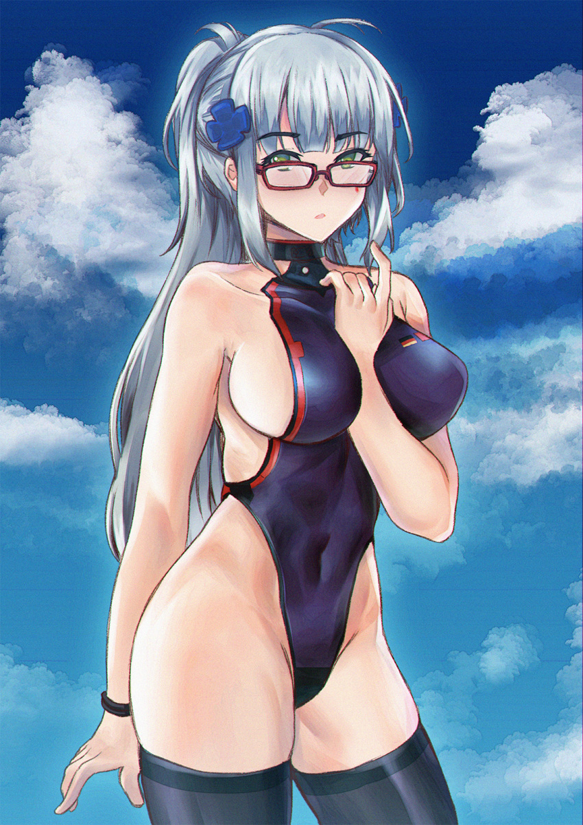 1girl alternate_costume alternate_hairstyle arm_between_breasts bare_shoulders bespectacled between_breasts black_legwear black_swimsuit blue_sky bracelet breasts clouds collarbone day expressionless eyebrows_visible_through_hair girls_frontline glasses green_eyes highres hk416_(girls_frontline) jewelry large_breasts long_hair looking_at_viewer multicolored multicolored_clothes multicolored_swimsuit one-piece_swimsuit outdoors persocon93 ponytail red-framed_eyewear red_swimsuit sideboob silver_hair sky solo swimsuit thigh-highs