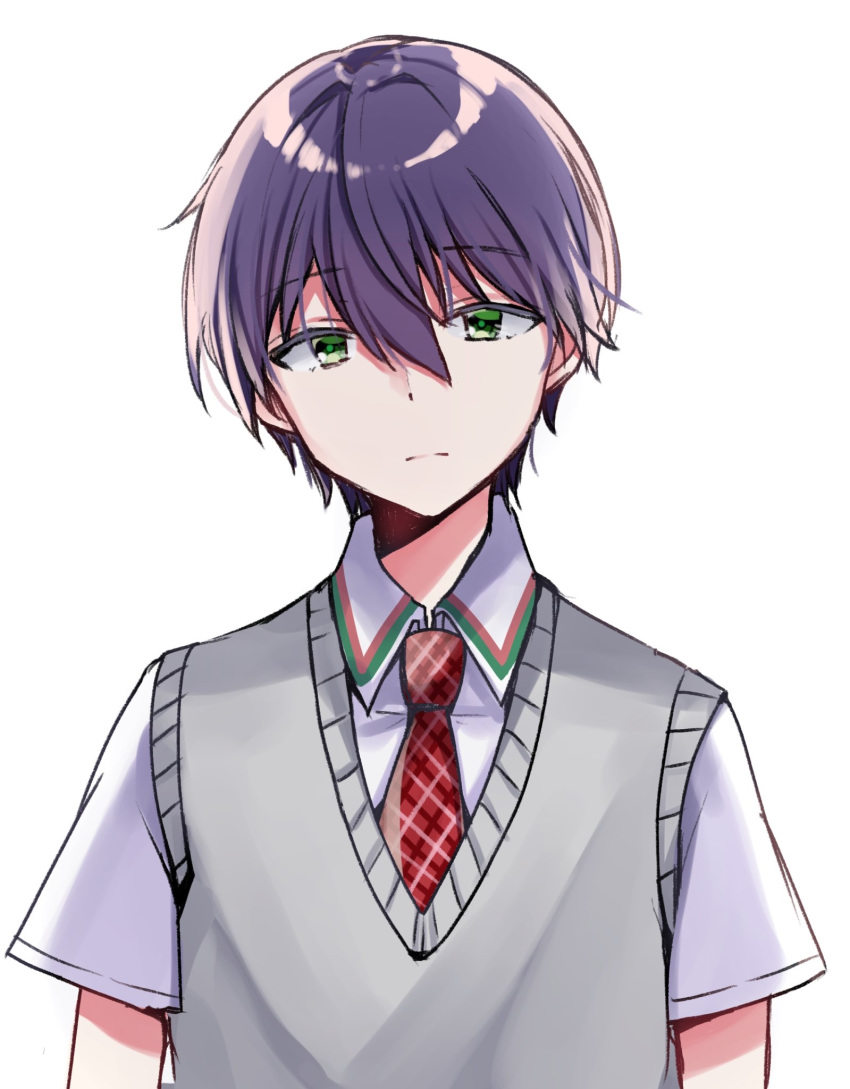 1boy bangs closed_mouth collared_shirt eyebrows_visible_through_hair green_eyes hair_between_eyes highres kenmochi_touya looking_at_viewer male_focus minami_saki necktie nijisanji plaid_neckwear purple_hair red_neckwear school_uniform shirt short_sleeves simple_background solo sweater_vest upper_body virtual_youtuber white_background white_shirt