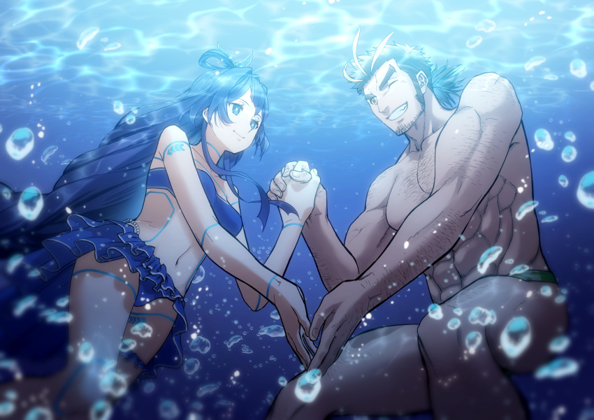 1boy 1girl bangs bare_shoulders blonde_hair blue_eyes breasts brown_hair chest chest_hair couple cowboy_shot facial_hair frilled_swimsuit frills green_eyes grin hair_ornament hairy hetero highres holding_hands long_hair male_focus male_swimwear manly multicolored_hair muscle one_eye_closed otohime_(tokyo_houkago_summoners) pectorals short_hair sideburns smile streaked_hair swim_briefs swimsuit swimwear tokyo_houkago_summoners underwear water yamasachihiko_(tokyo_houkago_summoners) yoshinaga_haru
