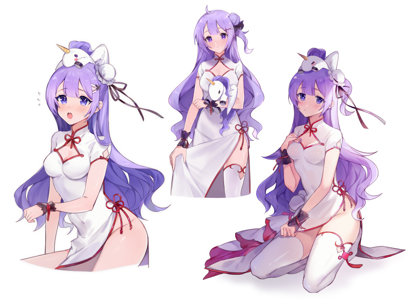 1girl absurdres azur_lane bangs blush breast_suppress breasts bun_cover china_dress chinese_clothes cleavage_cutout covered_navel cropped_legs dress eyebrows_visible_through_hair hair_bun hair_ornament hair_ribbon hairclip highres kneeling long_hair looking_at_viewer multiple_views nail_polish no_panties one_side_up open_mouth pelvic_curtain purple_hair purple_nails ribbon short_sleeves side_bun simple_background skirt_hold stuffed_animal stuffed_toy stuffed_unicorn thigh-highs two-sided_fabric unicorn_(azur_lane) unicorn_(spring's_present)_(azur_lane) very_long_hair violet_eyes white_background white_dress white_legwear wrist_cuffs yayako_(804907150)