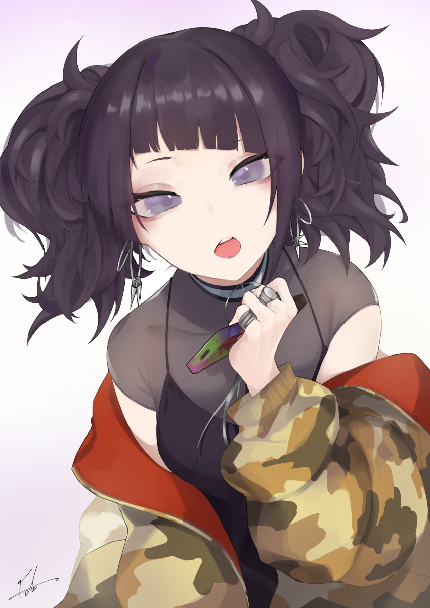 1girl absurdres bangs black_hair breasts camouflage_jacket cellphone diagonal_bangs earrings eyeliner fataaa highres idolmaster idolmaster_shiny_colors jewelry looking_at_viewer makeup off_shoulder open_mouth phone ring see-through smartphone solo tanaka_mamimi twintails violet_eyes
