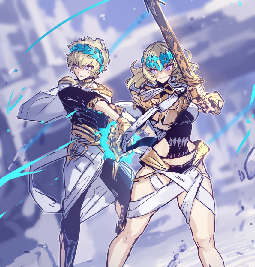 1boy 1girl armor bangs black_shirt blonde_hair blue_eyes blurry blurry_background bracelet bracer breasts brother_and_sister castor_(fate/grand_order) chakram collar diadem fate/grand_order fate_(series) highres jewelry looking_to_the_side medium_hair melon22 metal_collar pauldrons pollux_(fate/grand_order) shirt short_hair shoulder_armor siblings small_breasts smile sword thighs twins weapon white_robe