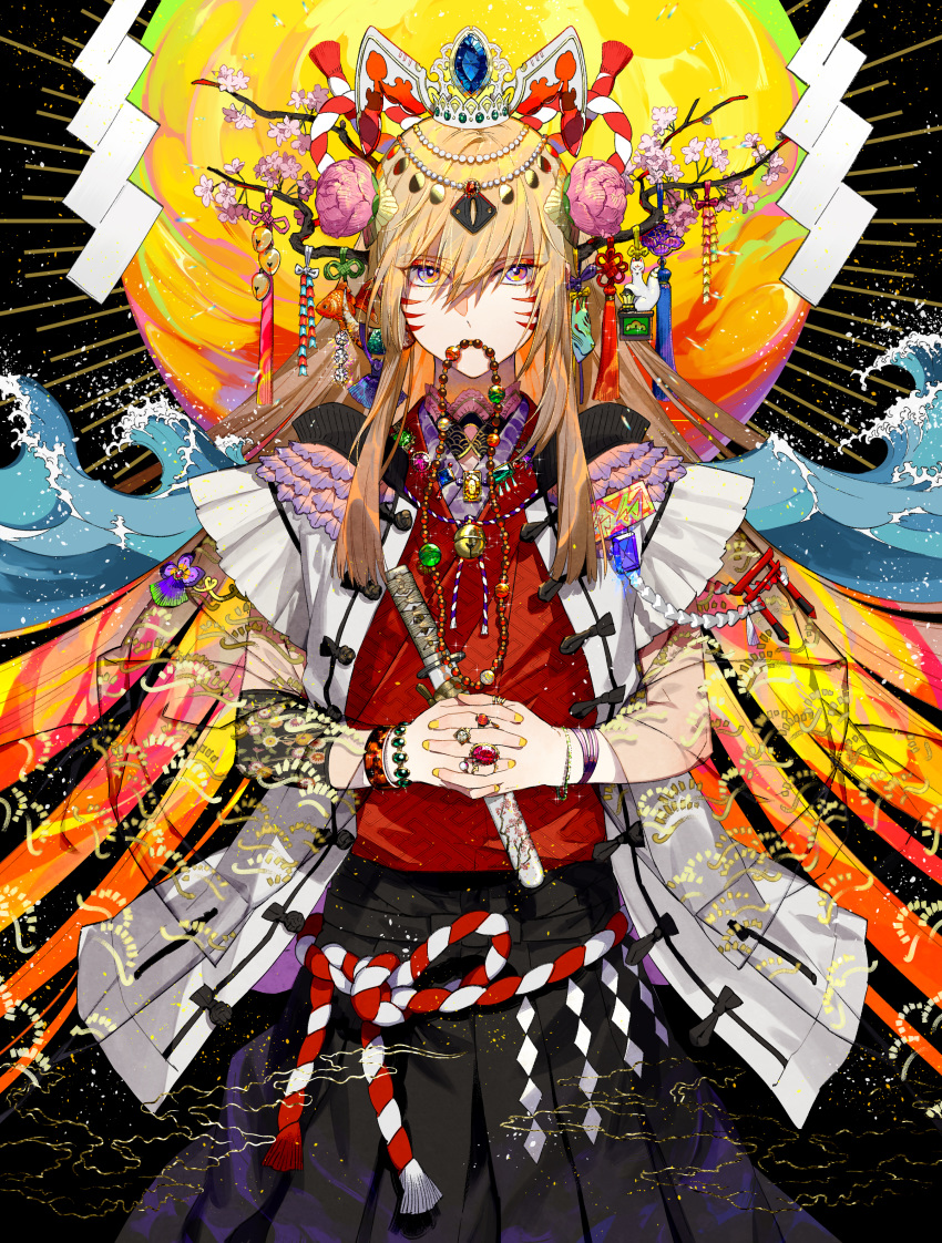 1boy absurdres bangs beads black_skirt blonde_hair bracelet commentary_request eyebrows_visible_through_hair facial_tattoo fish flower hair_between_eyes hair_ornament hands_together highres huge_filesize interlocked_fingers jewelry kazari_tayu long_hair looking_at_viewer male_focus mouth_hold nail_polish original pink_flower pleated_skirt ribbon rope sheath sheathed short_sleeves skirt sparkle tattoo waves yellow_nails