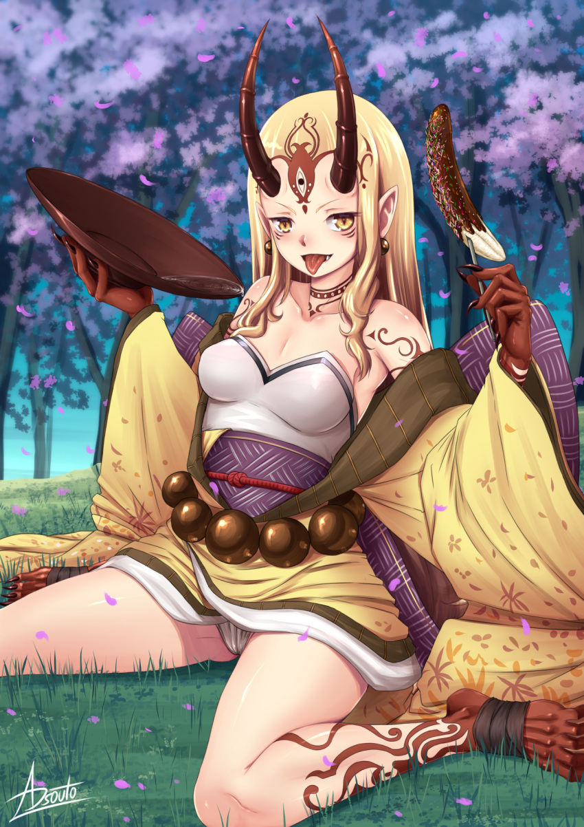 1girl adsouto banana blonde_hair breasts chocolate_banana cup day earrings facial_mark fate/grand_order fate_(series) fingernails food forehead_mark fruit highres holding holding_cup holding_food horns ibaraki_douji_(fate/grand_order) japanese_clothes jewelry kimono long_hair oni oni_horns outdoors pointy_ears sakazuki sharp_fingernails sitting small_breasts tree wariza wide_sleeves yellow_eyes yellow_kimono