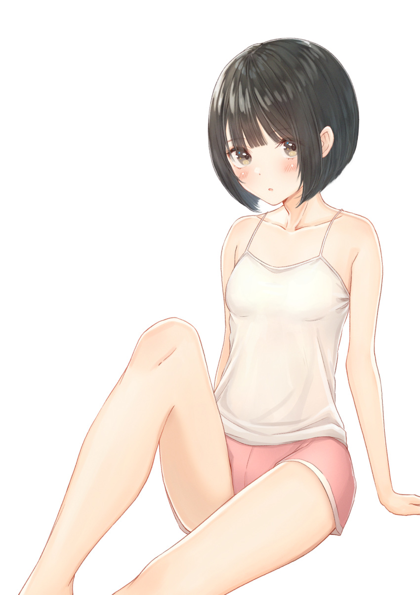 1girl arm_support bangs bare_arms blush bob_cut breasts camisole collarbone commentary_request eyebrows_visible_through_hair eyelashes highres knees looking_at_viewer original parted_lips pink_shorts short_hair shorts sitting solo tanbonota46 white_background white_camisole