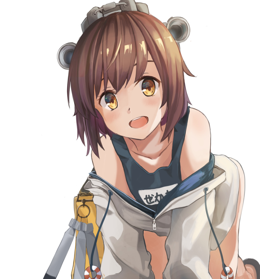 1girl absurdres amco bare_legs brown_eyes brown_hair collarbone highres jacket kantai_collection looking_at_viewer name_tag school_swimsuit short_hair simple_background smile solo swimsuit swimsuit_under_clothes yukikaze_(kantai_collection)