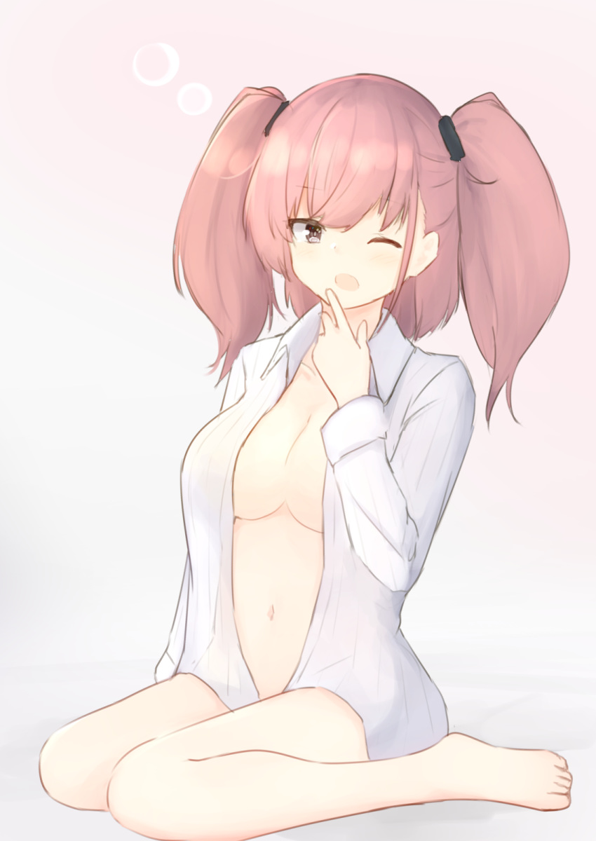 1girl atlanta_(kantai_collection) breasts brown_hair centi_mnkt commentary_request dress_shirt grey_eyes highres kantai_collection large_breasts long_hair long_sleeves naked_shirt navel one_eye_closed open_clothes open_shirt shirt sitting solo two_side_up wariza white_shirt