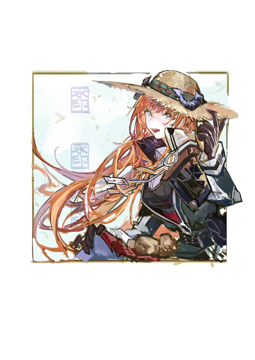 1girl arknights arm_up bagpipe_(arknights) bangs collar collared_jacket commentary_request frame gloves green_eyes hair_between_eyes hat highres jacket long_hair long_sleeves looking_at_viewer open_mouth orange_hair pipidan simple_background solo straw_hat teeth upper_body white_background